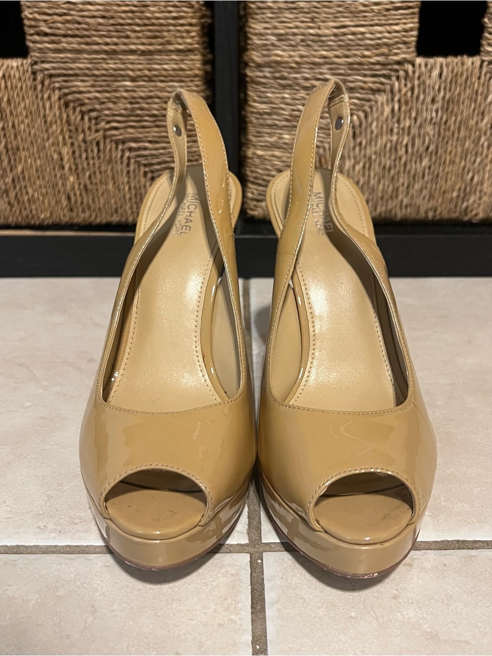 Michael Kors Beige Patent Slingback Platform Pumps